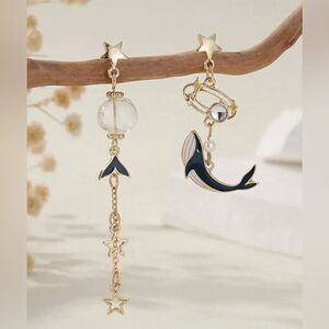 Whimsical Whale Earrings Gold Tone, Hanging Stars, Engraved detailing